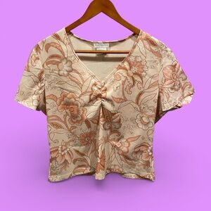 Cute Y2K peaches and cream floral mesh v-neck top stretchy festival fairy angel
